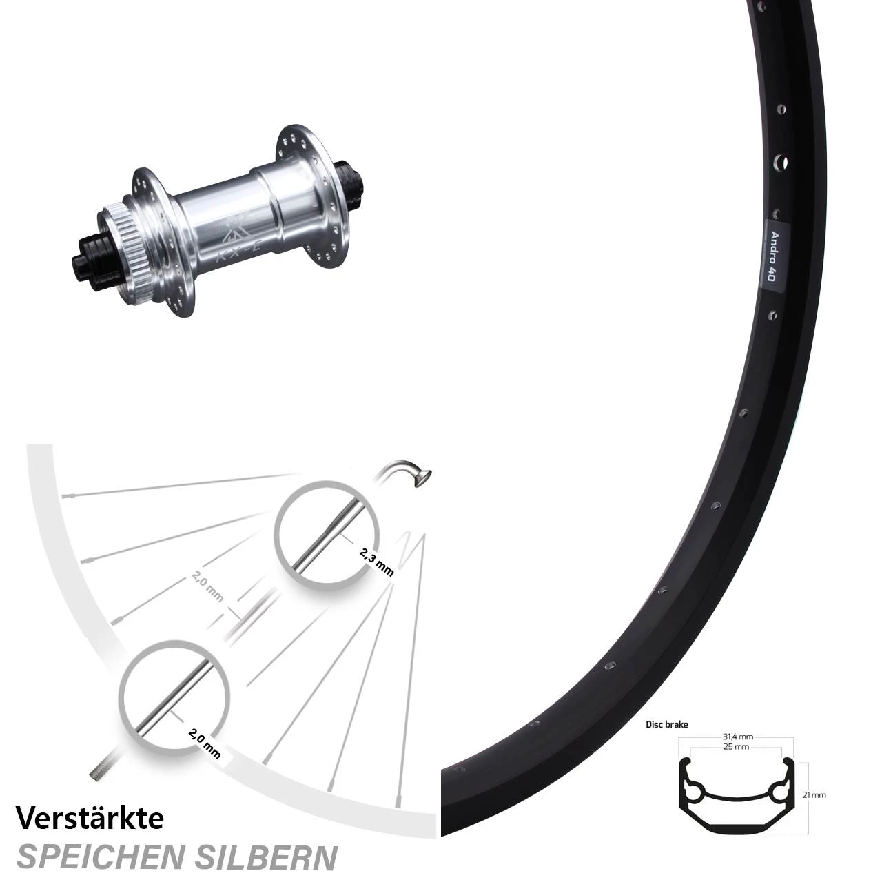 Ryde Andra 40 Disc Vorderrad 20 Zoll Mit KX-E Nabe Centerlock 5x100 Mm Silbern Eloxiert