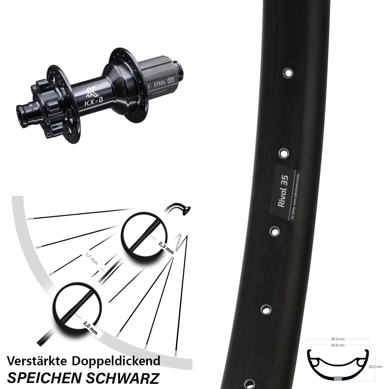 KX-B 12x148 Mm Boost 6-Loch Ryde Rival 35-584 ETRTO Hinterrad 27,5 Zoll