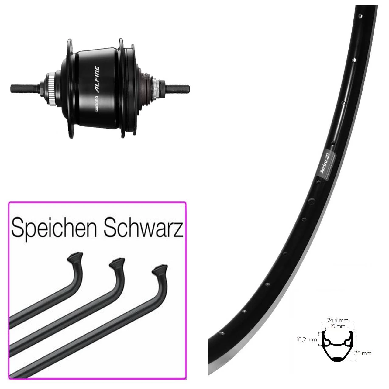 Hinterrad 28 Zoll Ryde Andra 20 Shimano Alfine 8-Gang Schwarz