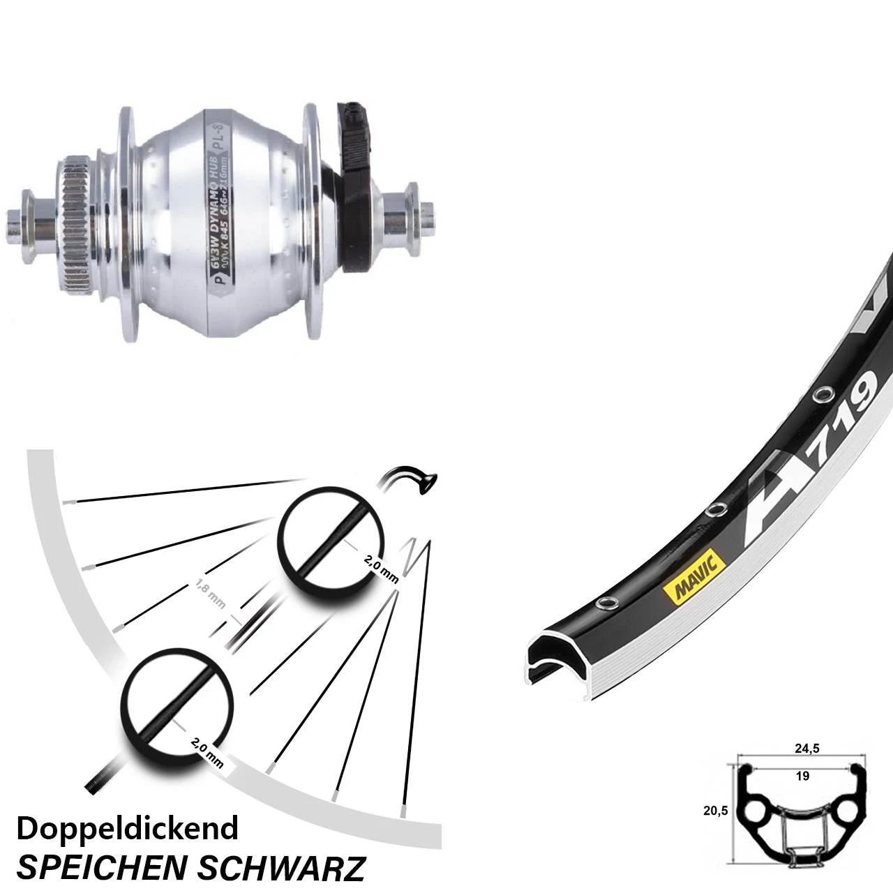 Vorderrad 28 Zoll Mavic A 719 Mit Nabendynamo Shutter PL-8 Schwarz