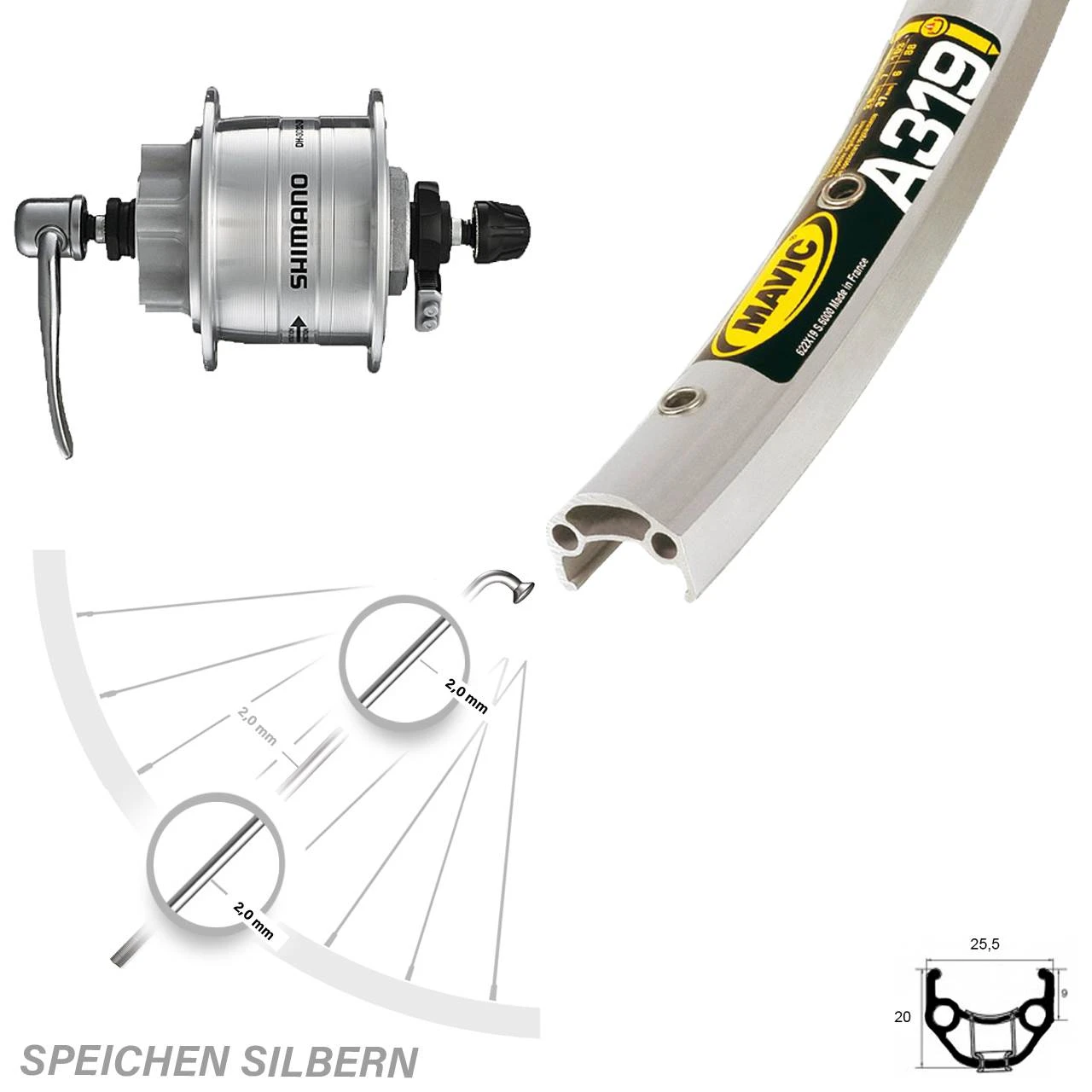 Vorderrad Fahrrad 28 Zoll Mavic A-319 Silbern Shimano Nabendynamo DH3D32